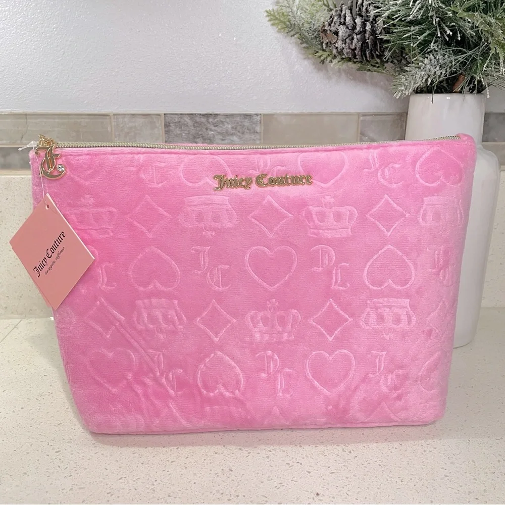 NEW Juicy Couture Pink Velour Debossed Logo‎ Makeup Bag Cosmetic Pouch